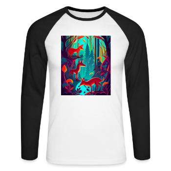 Neon colored: fox family in the forest - Unisex Long Sleeve Baseball T-Shirt - white/black - Front - Nik (191cm)