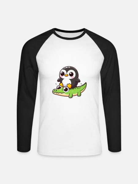 Pinguin auf Krokodil - Unisex Baseballshirt langarm - Weiß/Schwarz