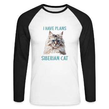 Chat Sibérien Sibirische Katze - T-shirt baseball manches longues Homme - blanc/noir - Devant - Nik (191cm)