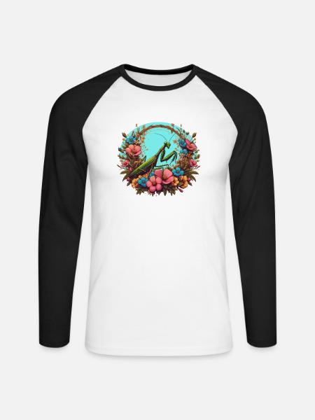 Gottesanbeterin im Blumenmeer - Unisex Baseballshirt langarm - Weiß/Schwarz