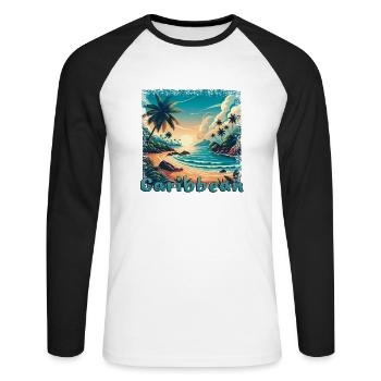 Karibischer Urlaub am Strand Amerika im Grunge-Sti - Unisex Baseballshirt langarm - Weiß/Schwarz - Vorne - Nik (191cm)