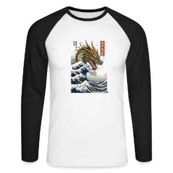 Vintage Ukiyo-E Welle Japan Drachen Aesthetic - Unisex Baseballshirt langarm - Weiß/Schwarz - Vorne - Nik (191cm)