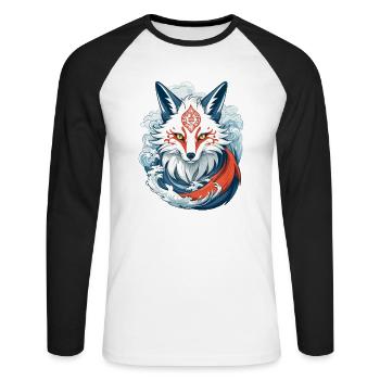 Japanische Kitsune Maske Anime Kawaii Fuchsgeist - Unisex Baseballshirt langarm - Weiß/Schwarz - Vorne - Nik (191cm)