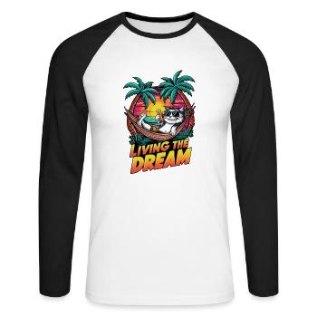 chat avec une biere à la plage - humour - T-shirt baseball manches longues Homme - blanc/noir - Devant - Nik (191cm)