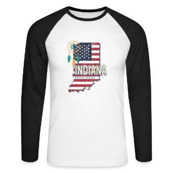 Indiana États-Unis Carte Souvenir - T-shirt baseball manches longues Homme - blanc/noir - Devant - Nik (191cm)
