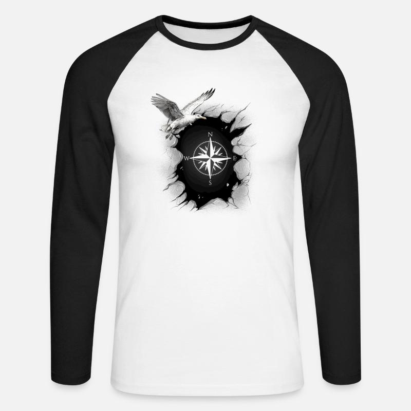 maritim Möwe Kompass Möwen Windrose - Unisex Baseballshirt langarm - Weiß/Schwarz
