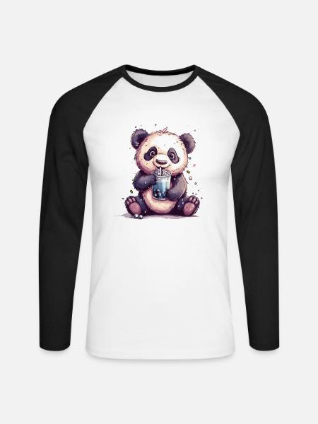 Niedlicher Panda mit Tee - Unisex Baseballshirt langarm - Weiß/Schwarz