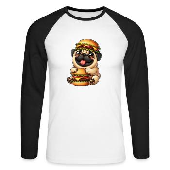 Whimsical Pug with Hat Cheeseburger Fast Food - Unisex Long Sleeve Baseball T-Shirt - white/black - Front - Nik (191cm)