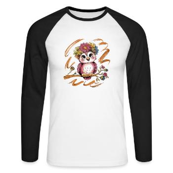 Niedliche Eule Vogel Federn Blumen für einen - Unisex Baseballshirt langarm - Weiß/Schwarz - Vorne - Nik (191cm)