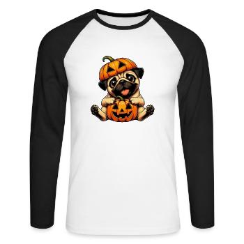 Halloween Carlin Chien Citrouille Mignon Dessin animé - T-shirt baseball manches longues Homme - blanc/noir - Devant - Nik (191cm)