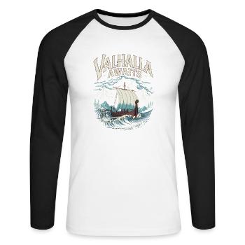 Wikingerschiff Valhalla Awaits für eine Wikinger - Unisex Baseballshirt langarm - Weiß/Schwarz - Vorne - Nik (191cm)