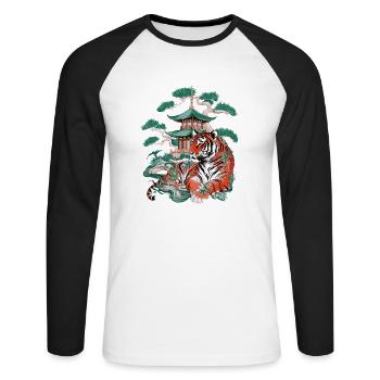 Asiatisch Tiger Anime Japanisch Meer Wellen - Unisex Baseballshirt langarm - Weiß/Schwarz - Vorne - Nik (191cm)