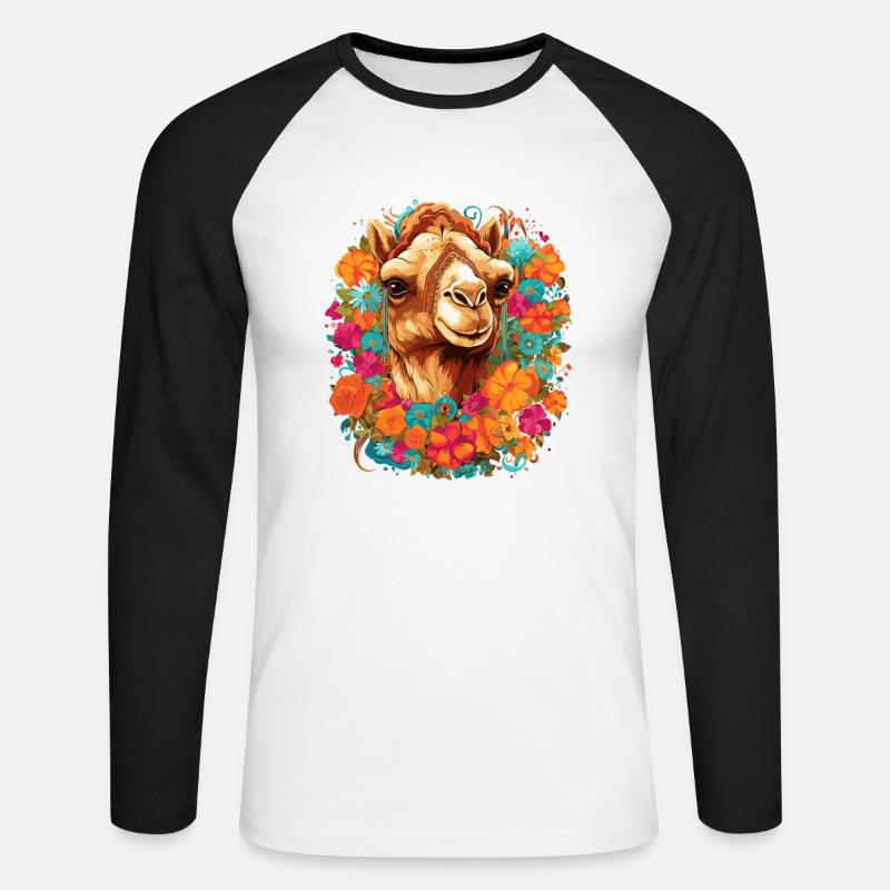 Kamel Kamelkopf Blumen - Unisex Baseballshirt langarm - Weiß/Schwarz