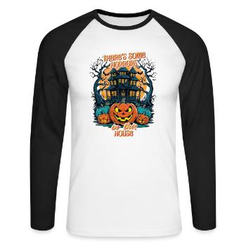 There's Some Horrors In This House Saying - Unisex Long Sleeve Baseball T-Shirt - white/black - Front - Nik (191cm)