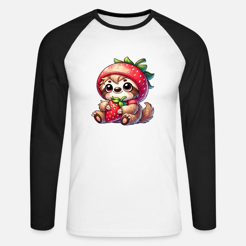 Faultier Erdbeere Sommerfrucht Design - Unisex Baseballshirt langarm - Weiß/Schwarz