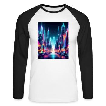 Futuristic Neon Cityscape – Vibrant Cyberpunk Art - Unisex Long Sleeve Baseball T-Shirt - white/black - Front - Nik (191cm)