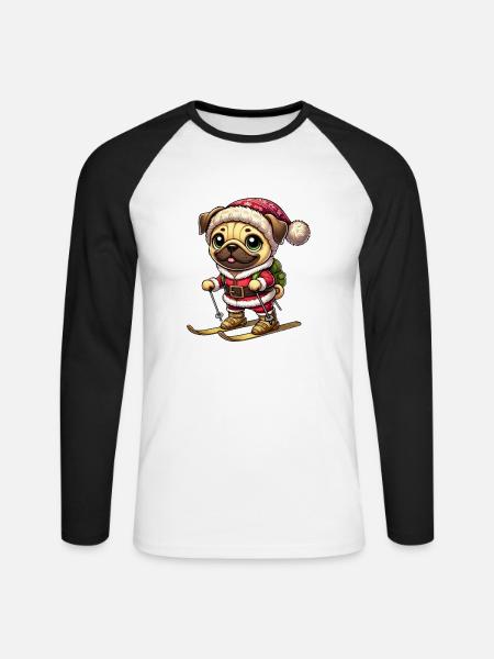 Mops auf Skiern Winter Spaß Weihnachten - Unisex Baseballshirt langarm - Weiß/Schwarz
