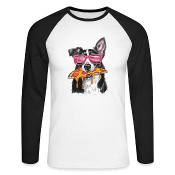 Cooler Border Collie Pizza - Unisex Baseballshirt langarm - Weiß/Schwarz - Vorne - Nik (191cm)