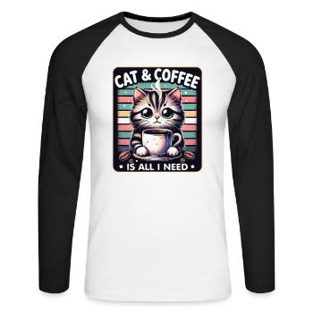 Katze und Kaffee ist alles was ich brauche - Unisex Baseballshirt langarm - Weiß/Schwarz - Vorne - Nik (191cm)
