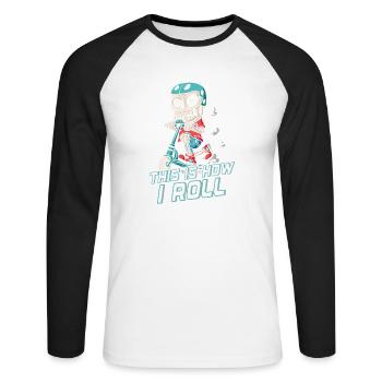 How I Roll: Skater Skeleton on Scooter - Unisex Long Sleeve Baseball T-Shirt - white/black - Front - Nik (191cm)