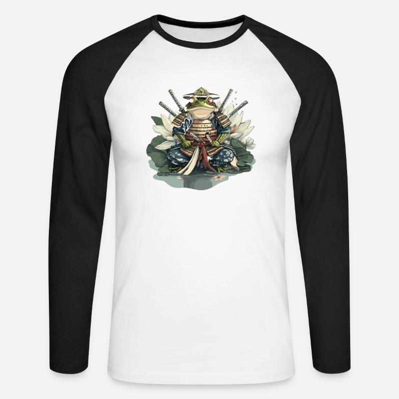 Frosch-Samurai: Krieger der Seerose - Unisex Baseballshirt langarm - Weiß/Schwarz