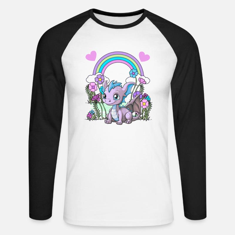 Drache Drachen Kinder Kind Regenbogen - Unisex Baseballshirt langarm - Weiß/Schwarz