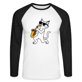 Funny cat with sunglasses and saxophone - Unisex Long Sleeve Baseball T-Shirt - white/black - Front - Nik (191cm)
