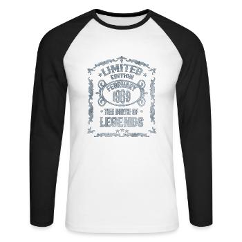 February 1969 Legends Birthday - Unisex Long Sleeve Baseball T-Shirt - white/black - Front - Nik (191cm)