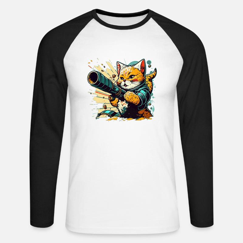 Katze und Bazooka - Unisex Baseballshirt langarm - Weiß/Schwarz
