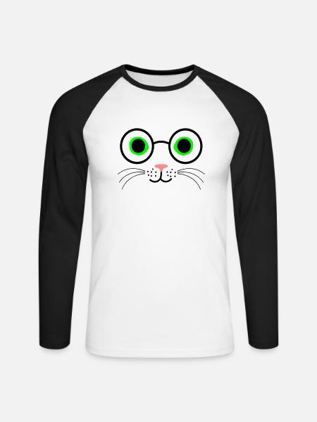 Katze Brille - Unisex Baseballshirt langarm - Weiß/Schwarz