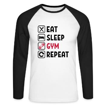 Eat Sleep Gym Repeat - Unisex Baseballshirt langarm - Weiß/Schwarz - Vorne - Nik (191cm)