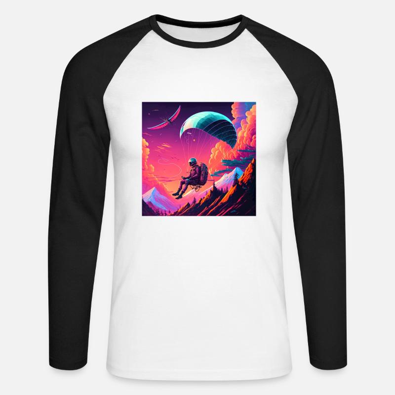 Paraglider im Synthwave Stil - Unisex Baseballshirt langarm - Weiß/Schwarz