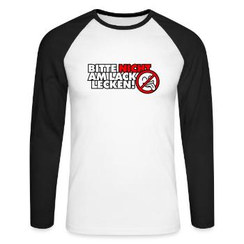 Bitte nicht am Lack lecken! - Unisex Baseballshirt langarm - Weiß/Schwarz - Vorne - Nik (191cm)