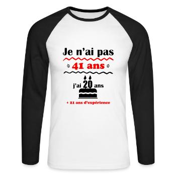 Je n'ai pas 41 ans : cadeau d'anniversaire 41 ans - T-shirt baseball manches longues Homme - blanc/noir - Devant - Nik (191cm)