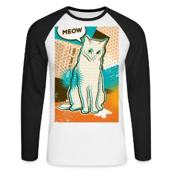 Chat MEOW, pop art, collage - T-shirt baseball manches longues Homme - blanc/noir - Devant - Nik (191cm)
