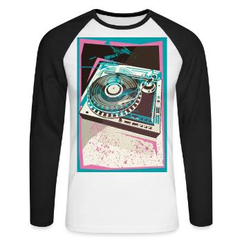 I LOVE VINYLES, Pop Art, Turntable, Platine - T-shirt baseball manches longues Homme - blanc/noir - Devant - Nik (191cm)