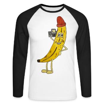 Hiphop Banane mit Boombox funky Obst cool fruit - Unisex Baseballshirt langarm - Weiß/Schwarz - Vorne - Nik (191cm)