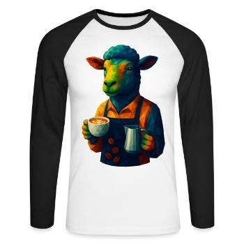 WPAP Style Animals - Barista de mouton avec latte - T-shirt baseball manches longues Homme - blanc/noir - Devant - Nik (191cm)