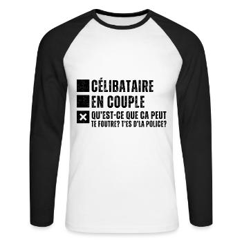 Célibataire en couple humour phrase drôle cadeau - T-shirt baseball manches longues Homme - blanc/noir - Devant - Nik (191cm)
