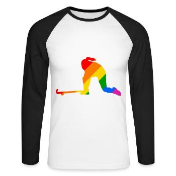 LGBTQ Feldhockeyspielerin - Unisex Baseballshirt langarm - Weiß/Schwarz - Vorne - Nik (191cm)