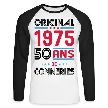Anniversaire 50 ans - Original 1975 - Conneries - T-shirt baseball manches longues Homme - blanc/noir - Devant - Nik (191cm)