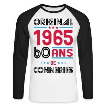 Anniversaire 60 ans - Original 1965 - Conneries - T-shirt baseball manches longues Homme - blanc/noir - Devant - Nik (191cm)