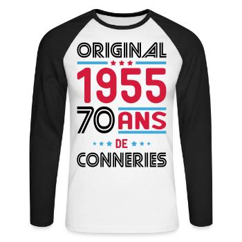 Anniversaire 70 ans - Original 1955 - Conneries - T-shirt baseball manches longues Homme - blanc/noir - Devant - Nik (191cm)