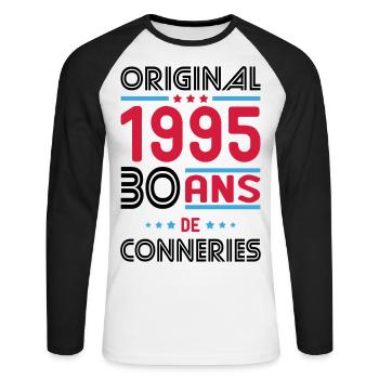 Anniversaire 30 ans - Original 1995 - Conneries - T-shirt baseball manches longues Homme - blanc/noir - Devant - Nik (191cm)