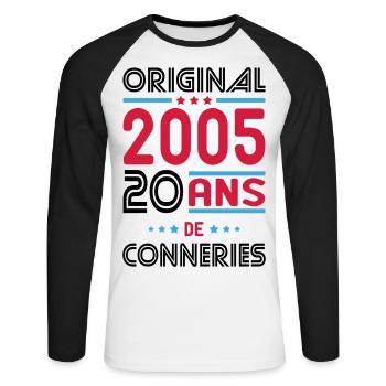 Anniversaire 20 ans - Original 2005 - Conneries - T-shirt baseball manches longues Homme - blanc/noir - Devant - Nik (191cm)