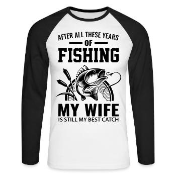 Pêche pêche pêche drôles de phrases amusante cadeau épouse - T-shirt baseball manches longues Homme - blanc/noir - Devant - Nik (191cm)