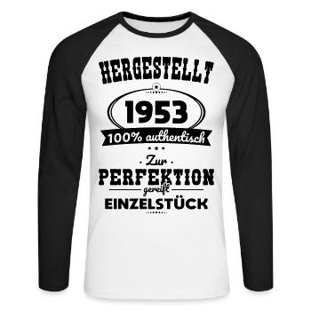 70. Geburtstag - Hergestellt 1953 Einzelstück - Unisex Baseballshirt langarm - Weiß/Schwarz - Vorne - Nik (191cm)