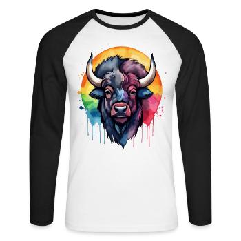Bison, Animal, Cool, Breathtaking, Colorful Watercolor - Unisex Long Sleeve Baseball T-Shirt - white/black - Front - Nik (191cm)