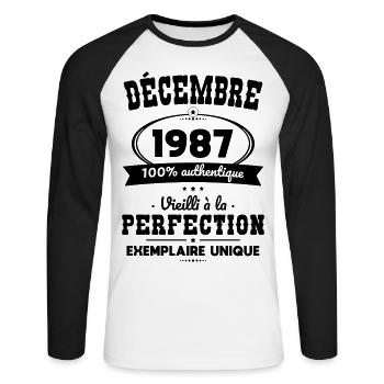 Anniversaire 35 ans - Décembre 1987 Perfection - T-shirt baseball manches longues Homme - blanc/noir - Devant - Nik (191cm)