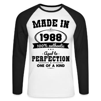 35th Birthday - Made in 1988 - Aged to perfection - Unisex Long Sleeve Baseball T-Shirt - white/black - Front - Nik (191cm)